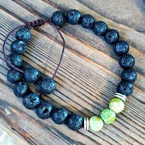 Chakra Healing Gemstone Bracelet Green Aqua Terra Jasper Black Lava